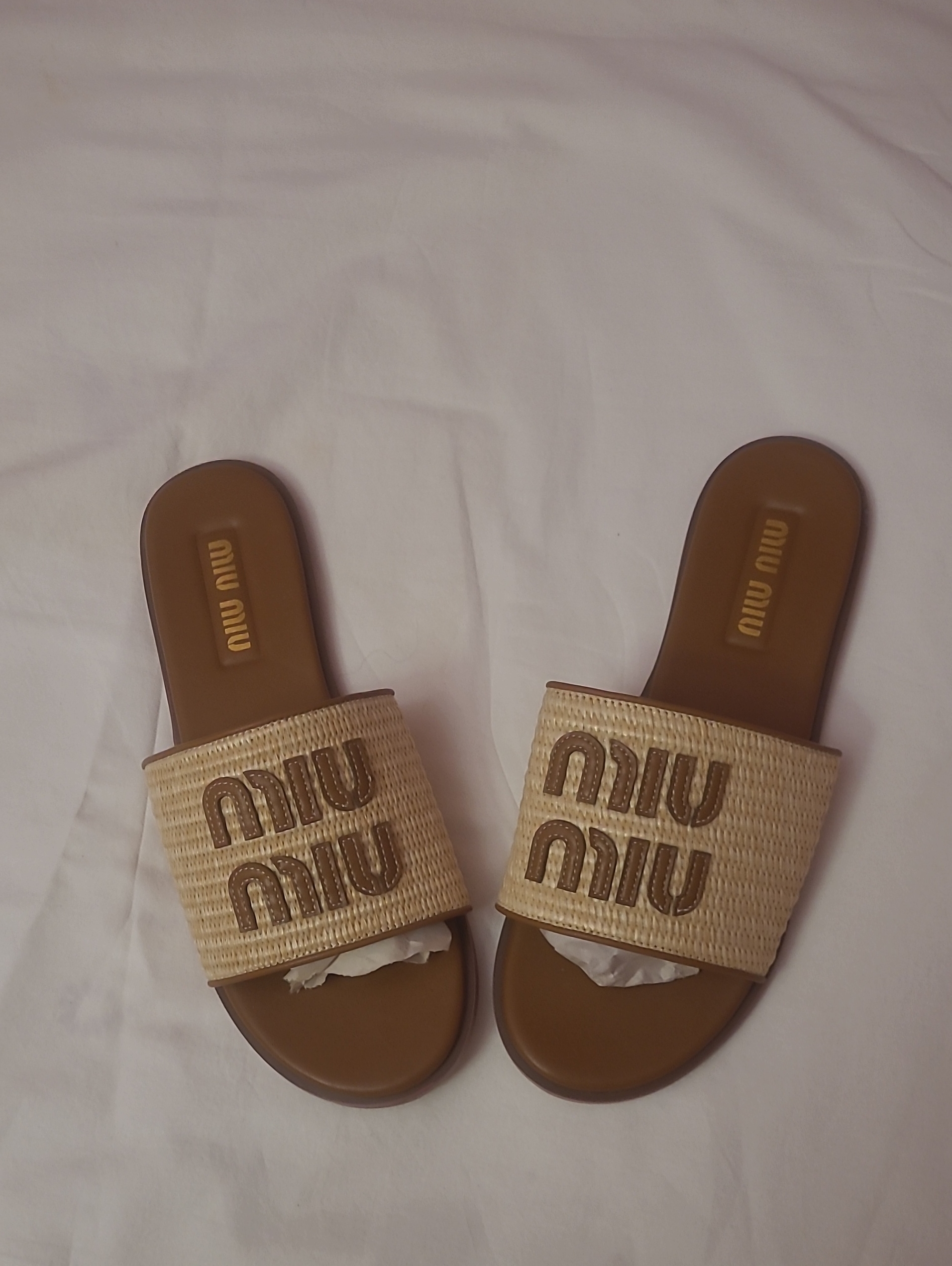 Miu Miu Natural Raffia Logo Slide Sandals With Brown Footbed